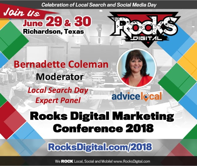 Bernadette Coleman, Rocks Digital Cofounder, and #QueenofLocalSEO to Moderate Local Search Day Panel at Rocks Digital 201