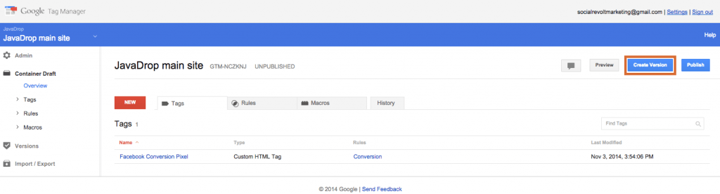 Create Version GTM